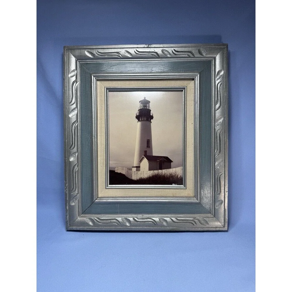 Lighthouse Photo (Signed) In Blue Grey/Silver Tone Wood Frame with Glass 15x17.5